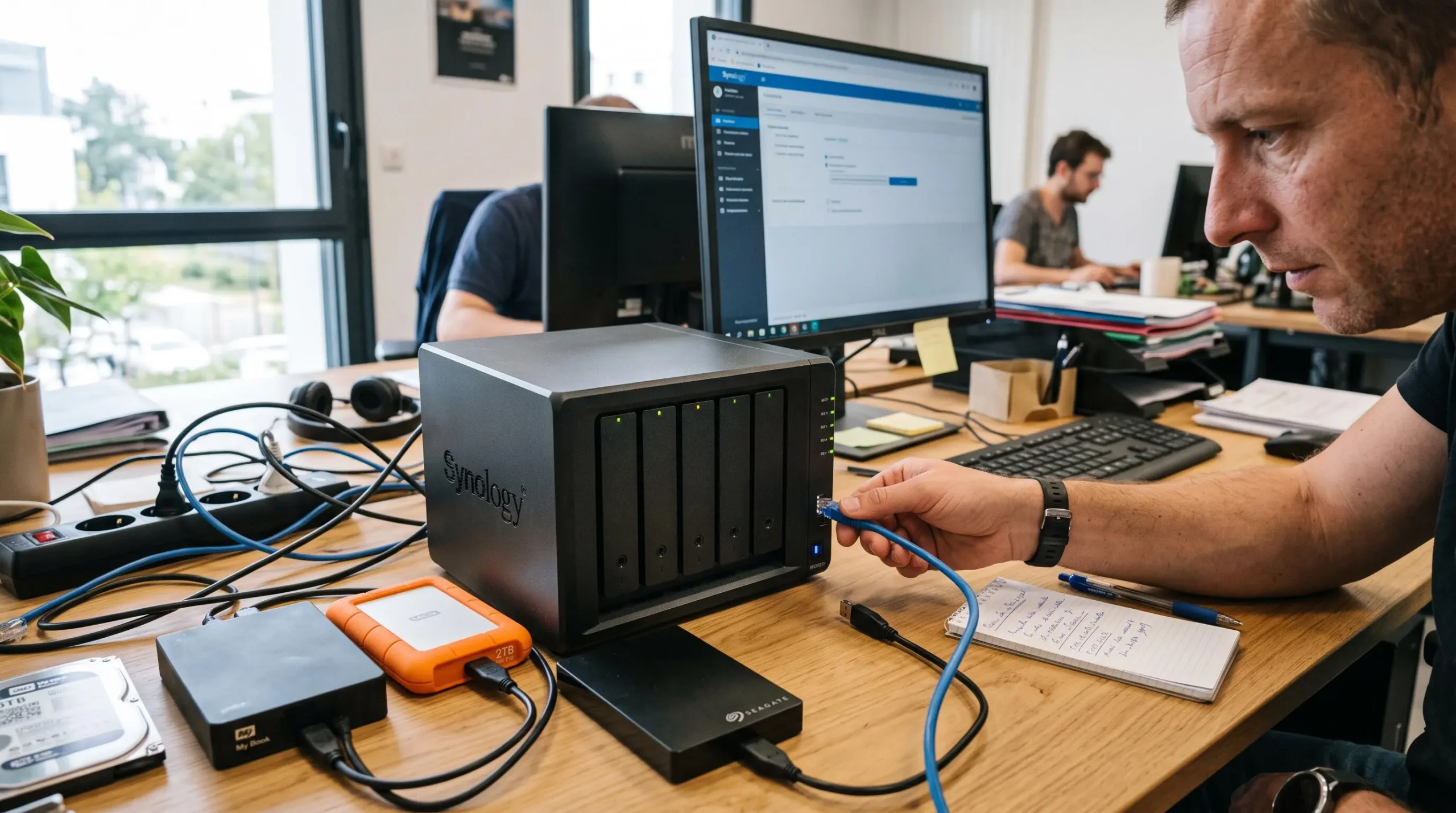 Boîtier NAS et disques durs externes sur un bureau professionnel avec mains d'un technicien en train de connecter les équipements