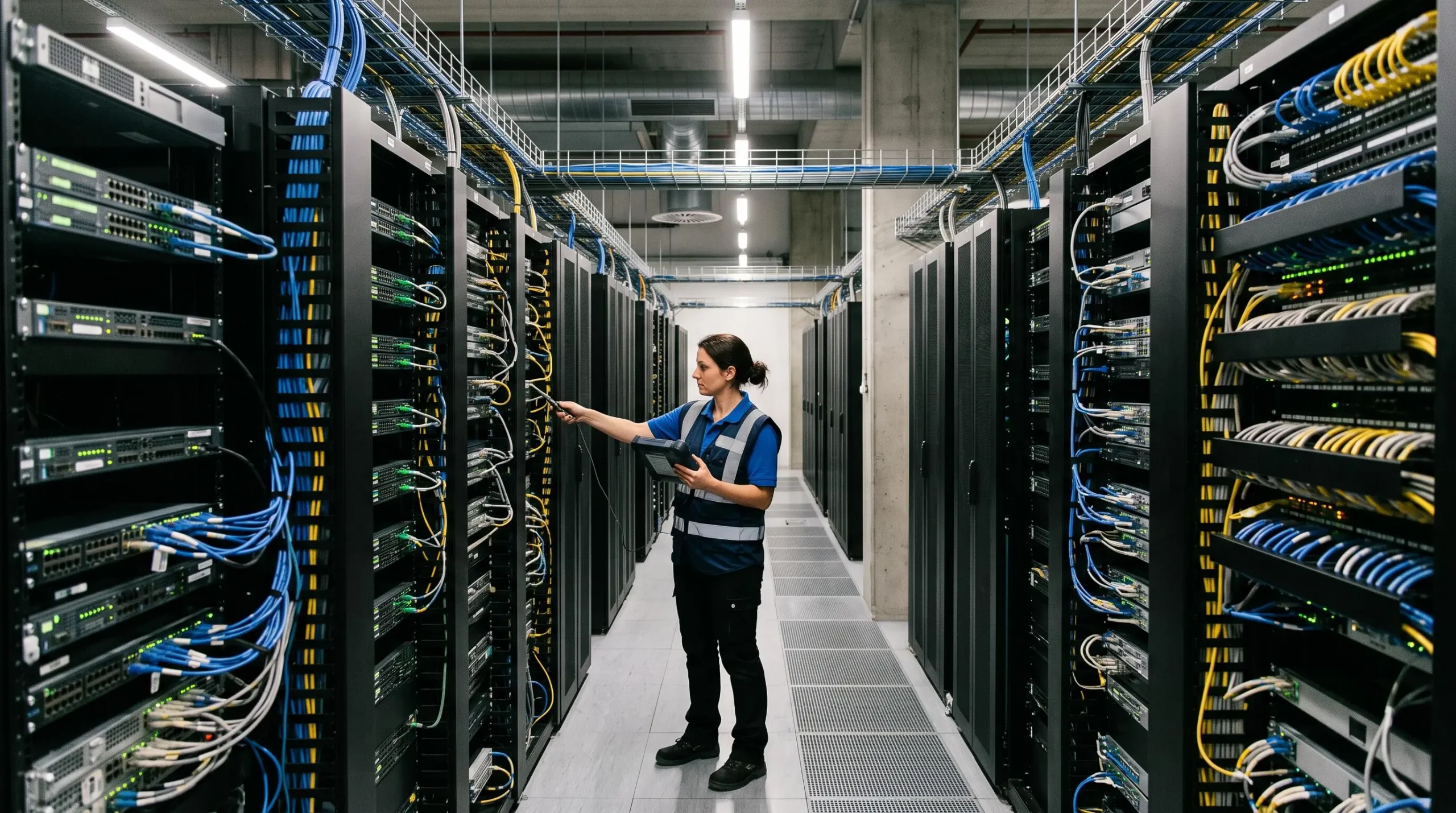 Technicien inspectant l'infrastructure réseau et les équipements de connectivité dans un datacenter professionnel