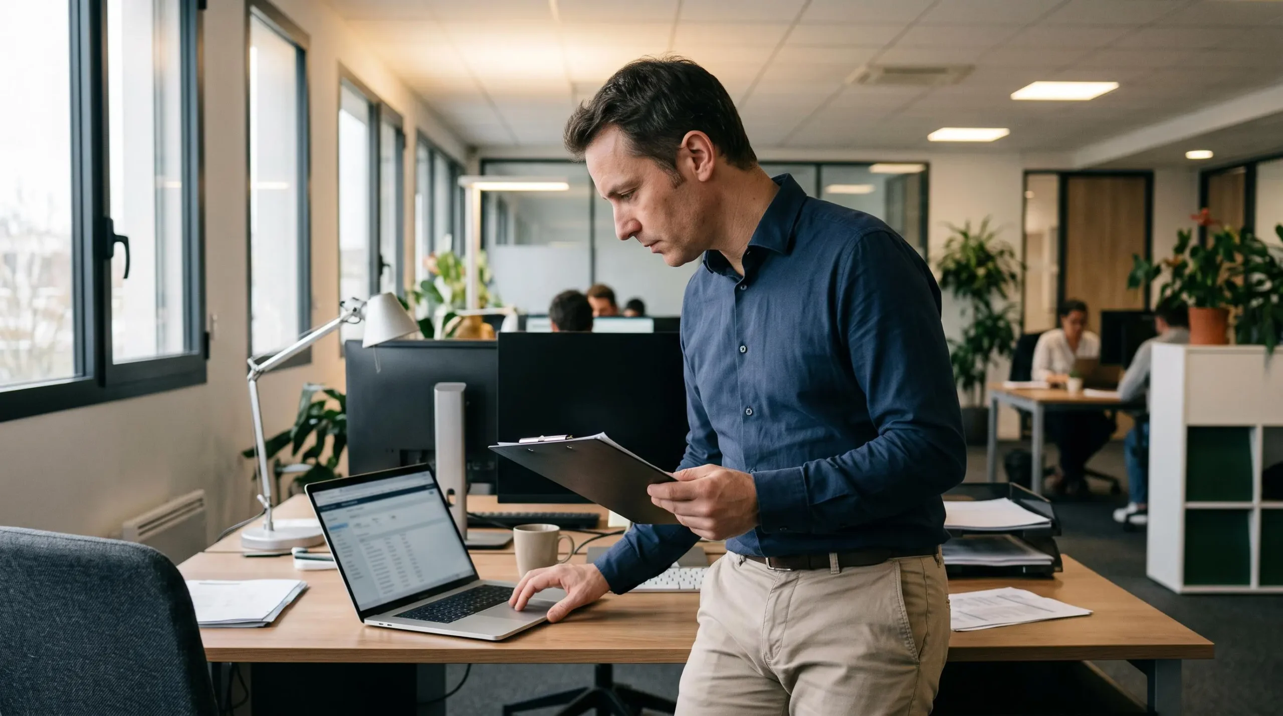 Responsable informatique vérifiant la restauration de sauvegardes en comparant l'écran d'ordinateur et des notes sur un support papier