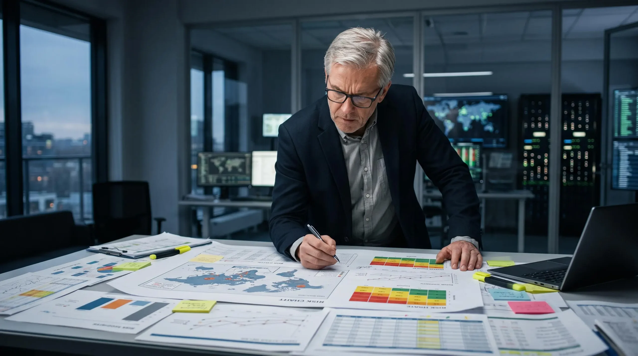 Analyste de risque examinant un profil de complexité des risques sur des documents techniques.