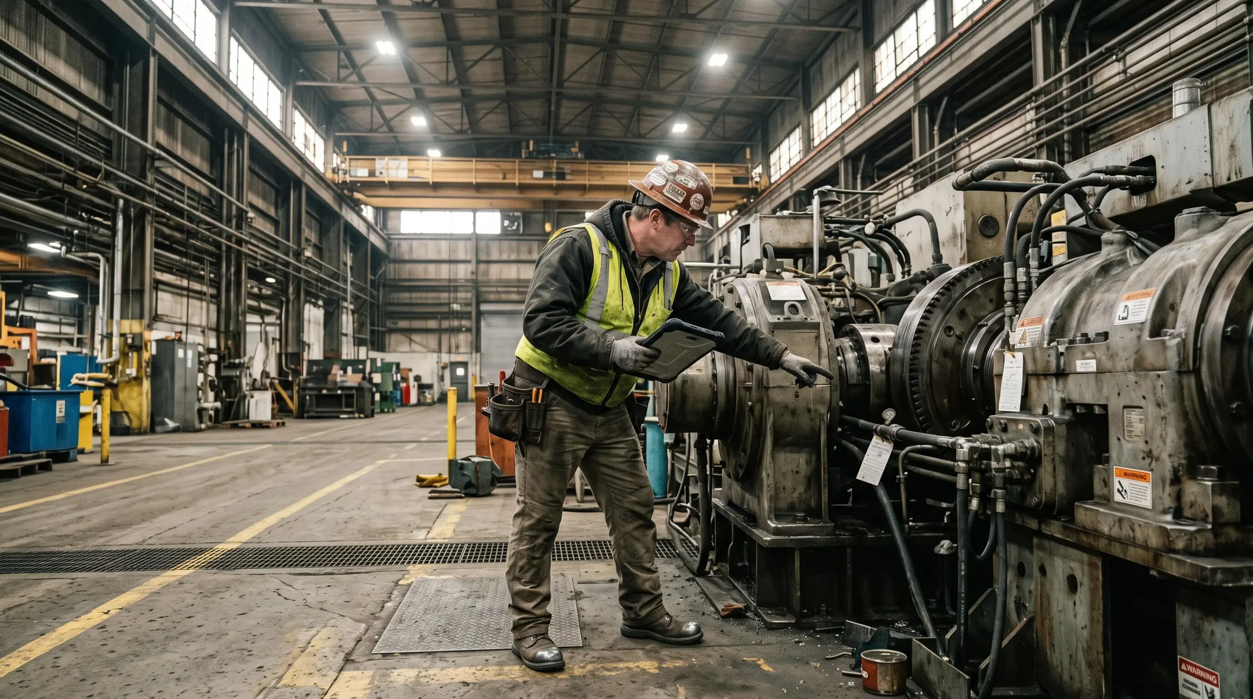 Ingénieur spécialisé inspectant une machinerie industrielle complexe pour identifier les risques.