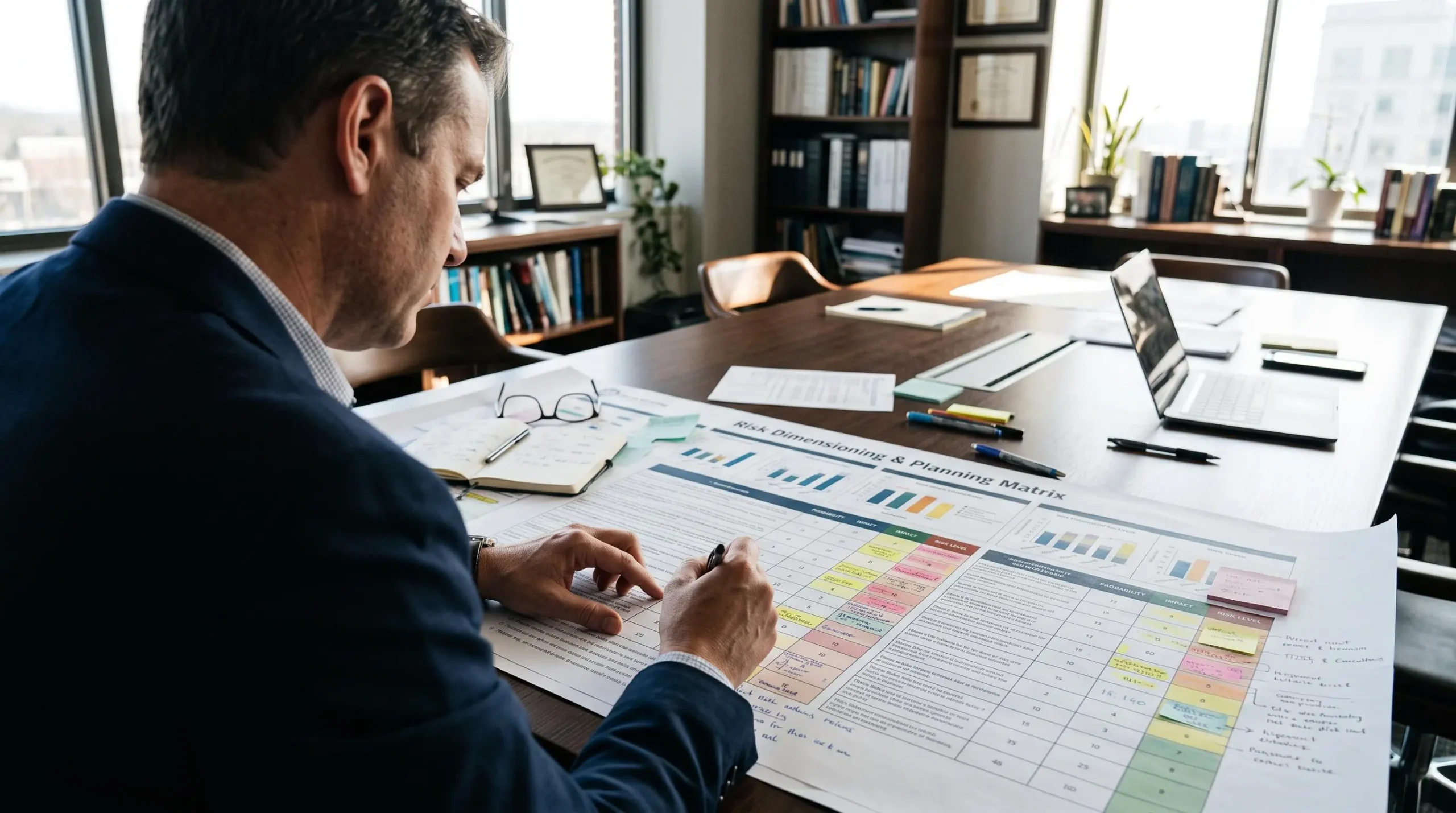 Consultant évaluant méthodiquement une grille d'évaluation pour le dimensionnement du risque.